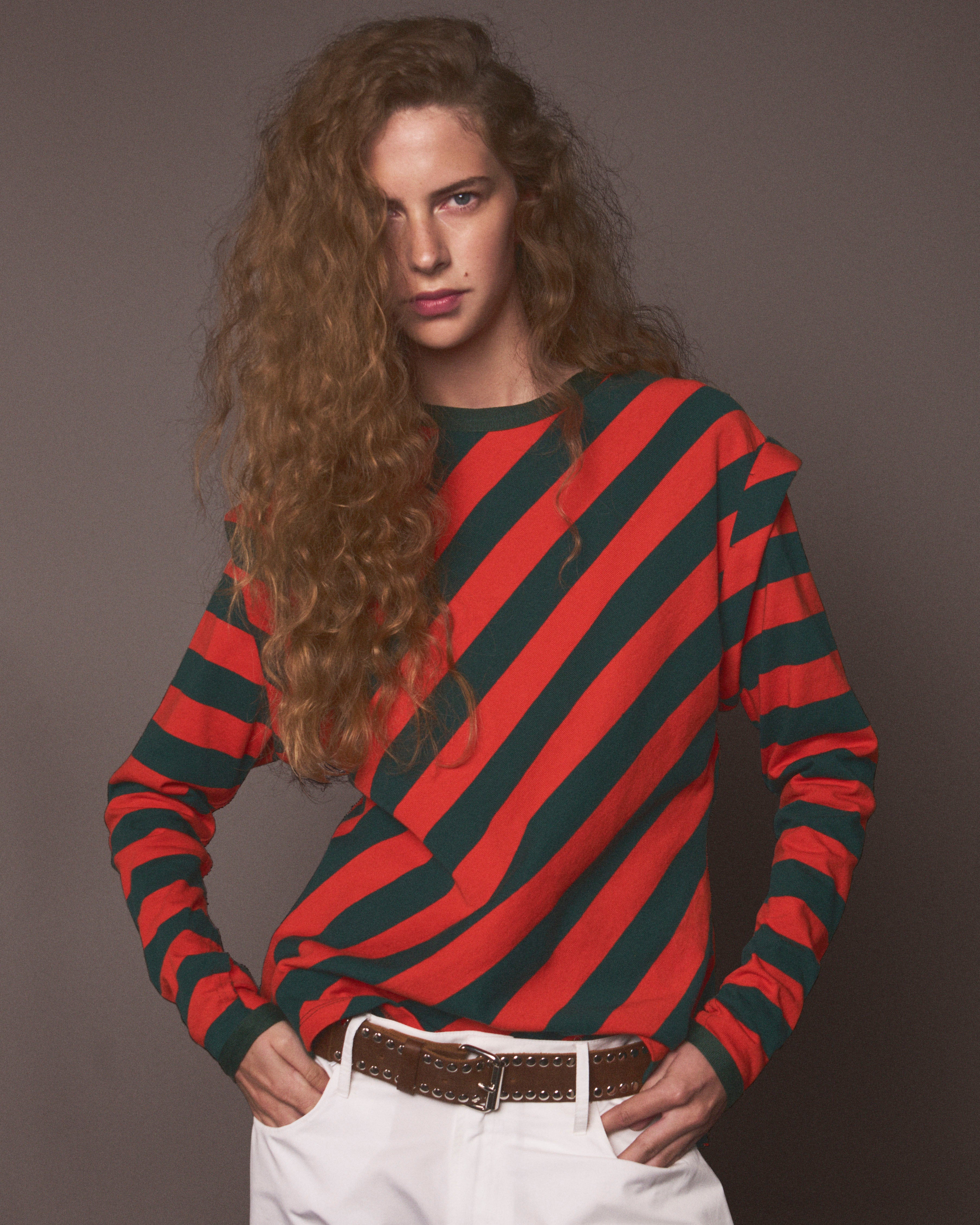 TOMATO RED AND GREEN STRIPED CREW NECK T-SHIRT