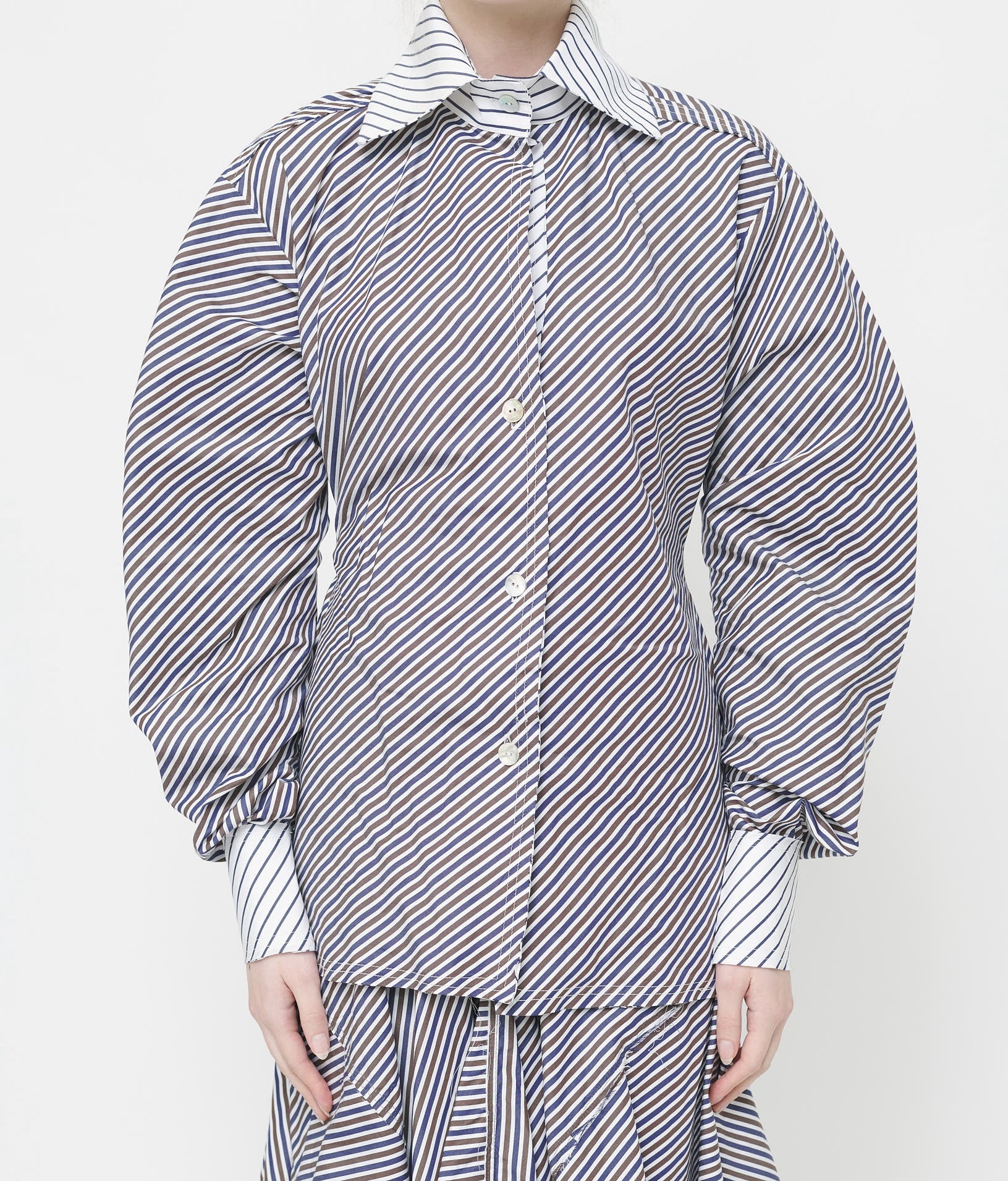 Navy/Brown Stripe Pinched Waist Shirt