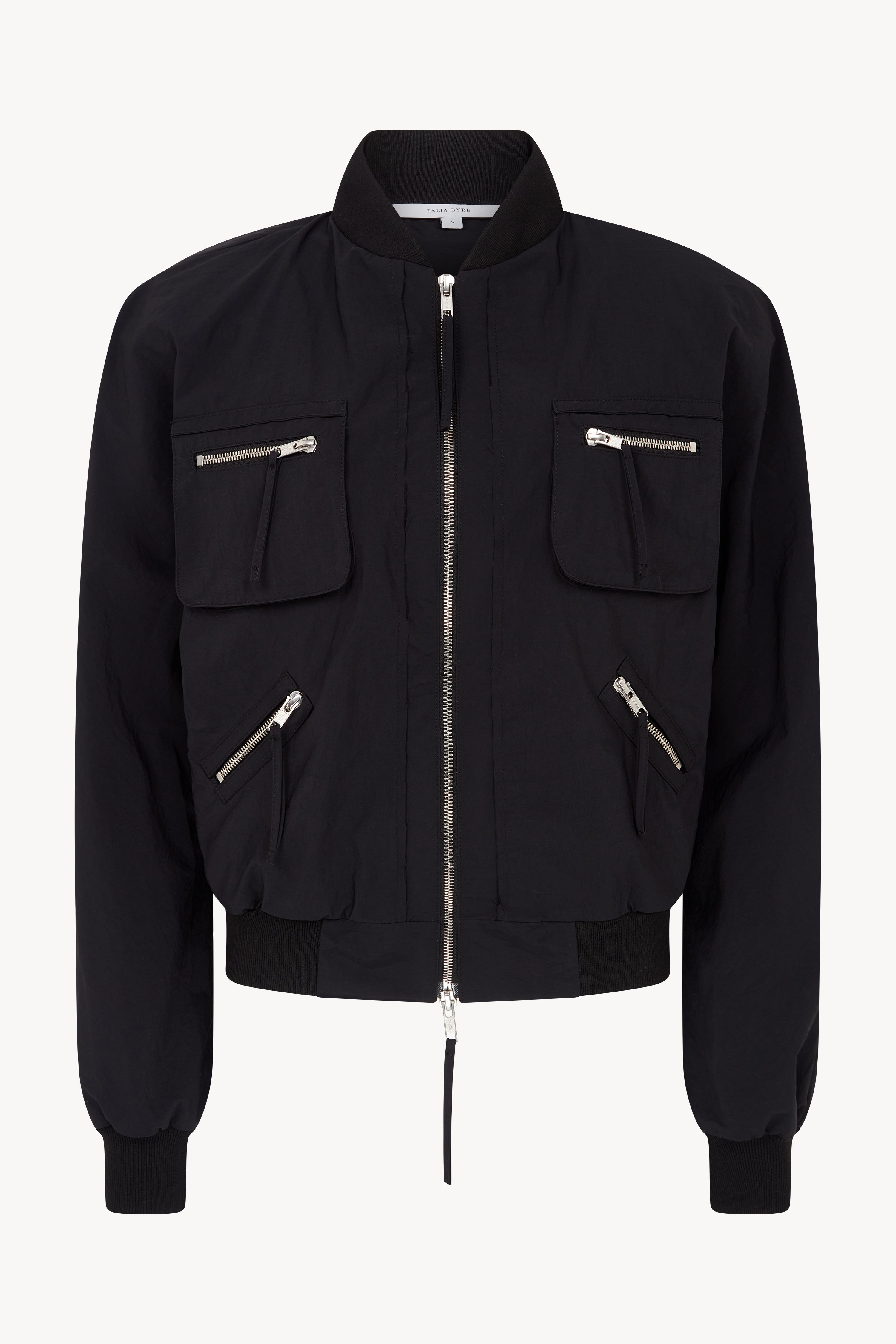 BLACK CRINKLE NYLON BOMBER JACKET