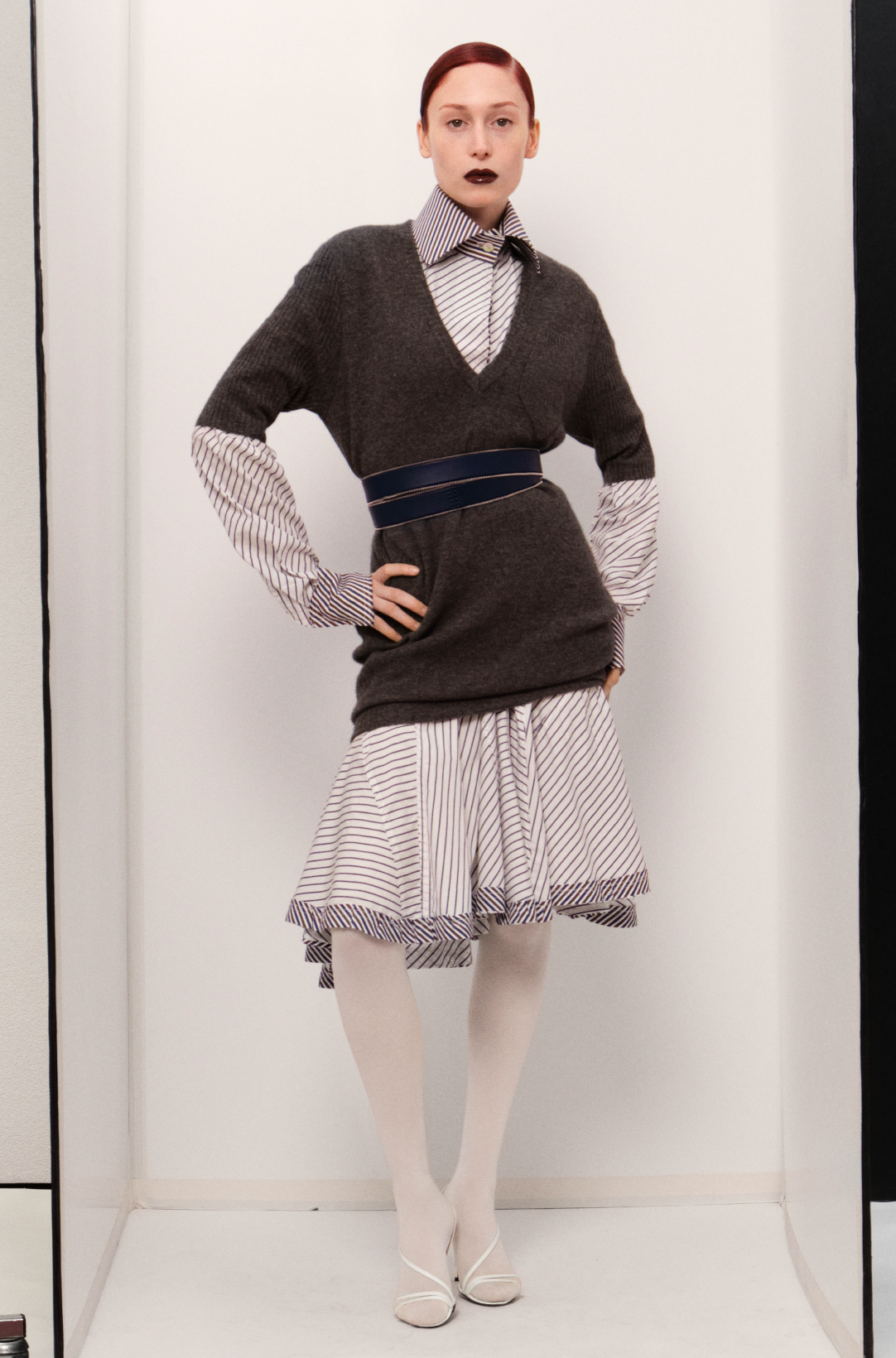 White/Navy Stripe Pinched Waist Shirt