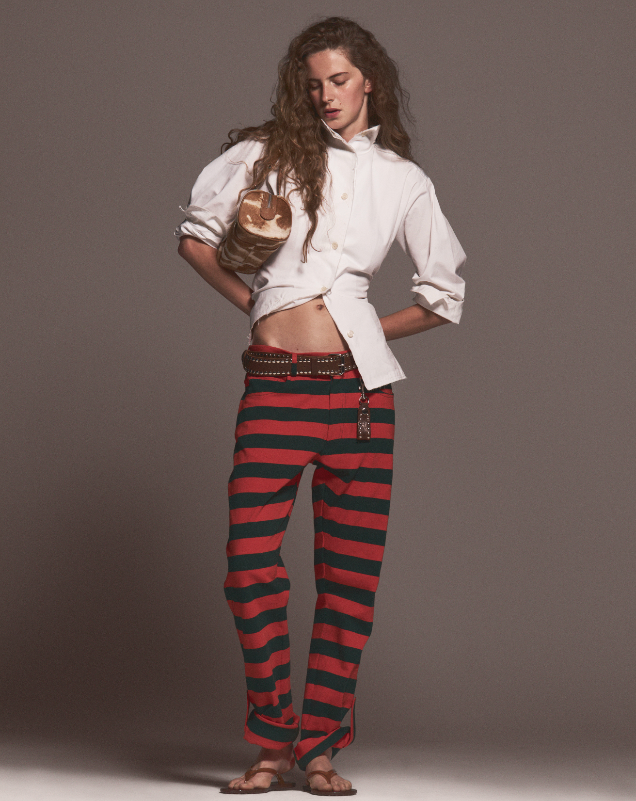 TOMATO RED AND GREEN STRIPED CARGO ROLL UP TROUSERS