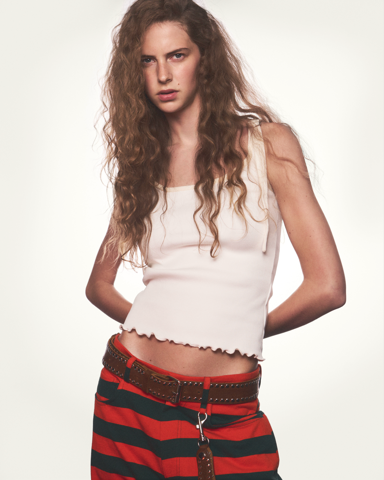 TOMATO RED AND GREEN STRIPED CARGO ROLL UP TROUSERS