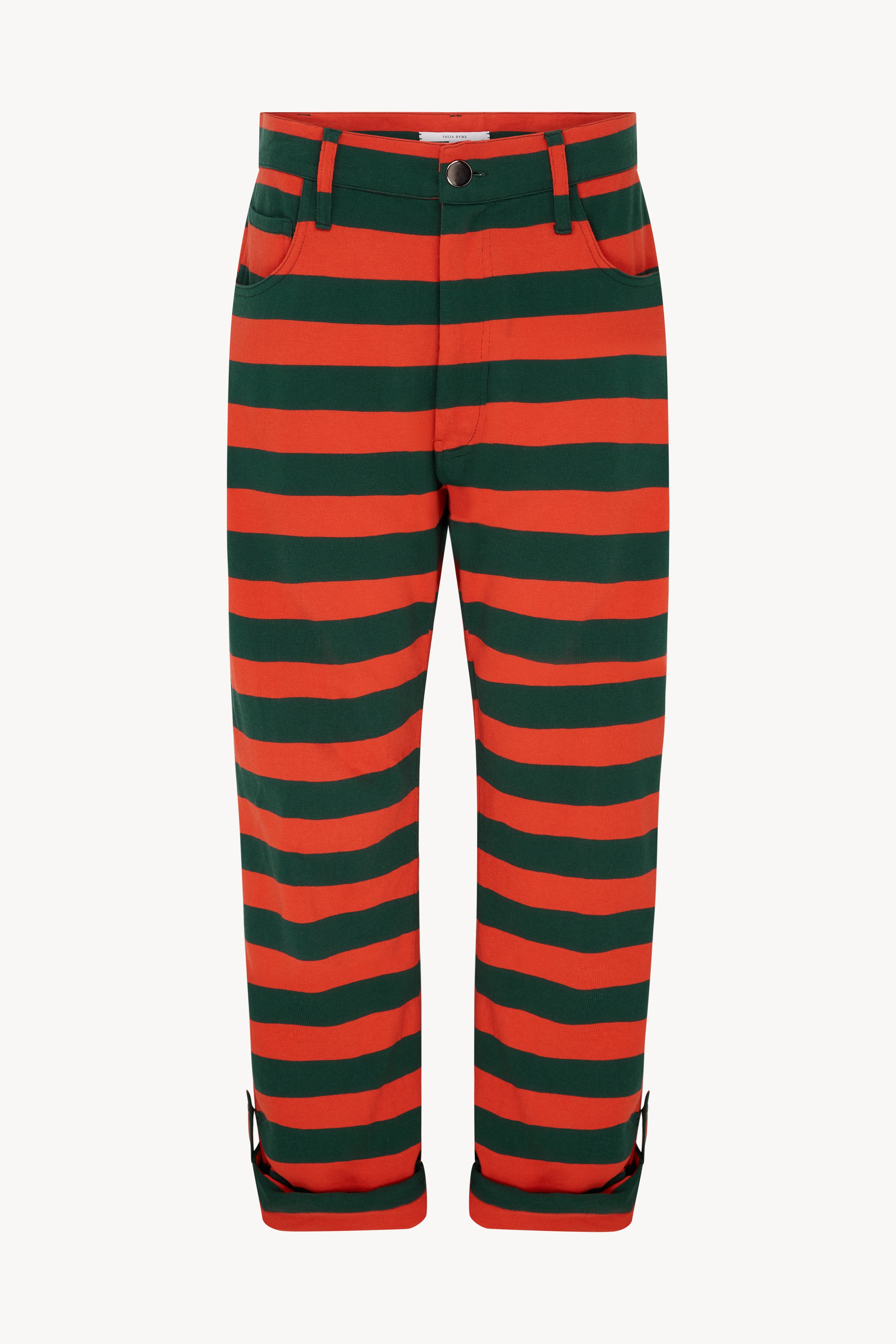 TOMATO RED AND GREEN STRIPED CARGO ROLL UP TROUSERS